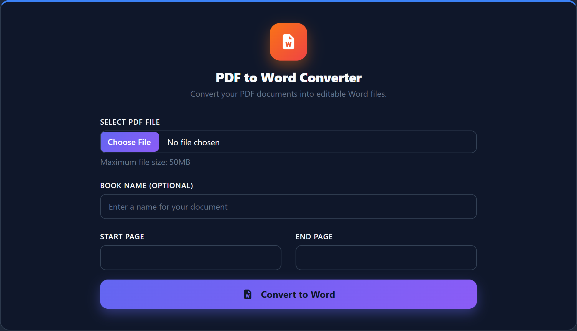 Interface du convertisseur PDF vers Word